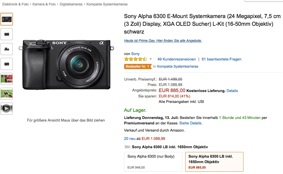 Amazon Prime Day – Sony Alpha 6300 SLR Kamera – 41% Killer Angebot